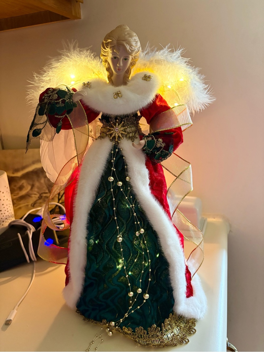 Festive Red and Green Holiday Angel Tree Topper with LED highlights 2 for $35